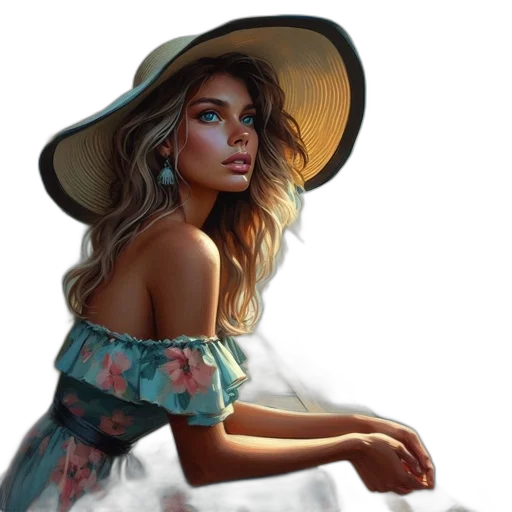dress, hat, face, umbrella, photorealistic, oil painting, fantasy art, watercolor transparent PNG cut-out
