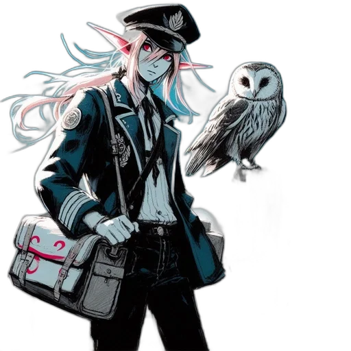jacket, staff, concept art, comic book art, cartoon, cyberpunk, monochrome, blue transparent PNG cut-out