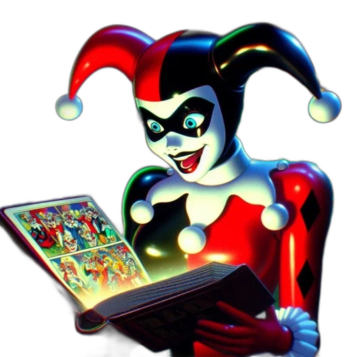 comic book art, concept art, cartoon, 3d render, jester-costumed, female, character, mischievous transparent PNG cut-out