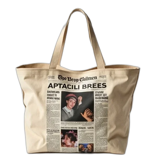beige, canvas, tote, bag, large, colorful, newspaper, print transparent PNG cut-out