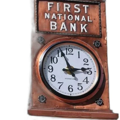 3d render, vintage, clock, words, first, national, bank, above transparent PNG cut-out