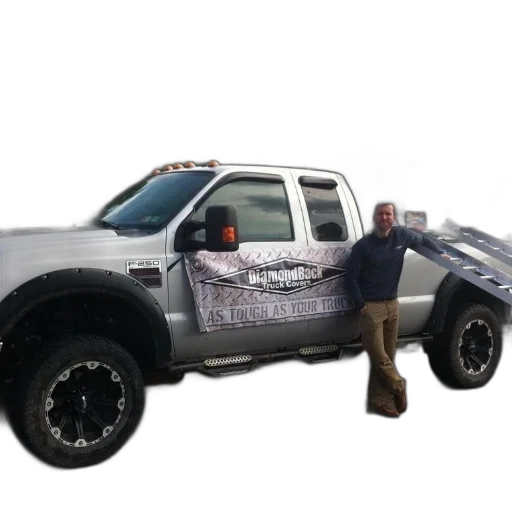 man, stands, next, large, truck, sign, says, tough transparent PNG cut-out
