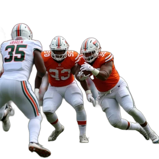 miami, hurricanes, players, tackle, spartans, orange, field, college transparent PNG cut-out