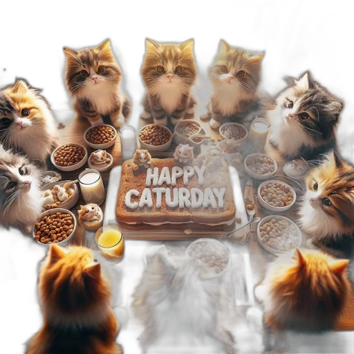 photorealistic, kittens, gather, around, decorated, table, filled, food transparent PNG cut-out
