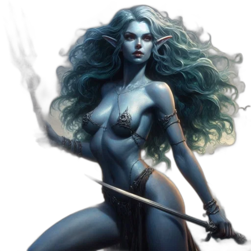 fantasy art, comic book art, concept art, pixel art, blue, elven, woman, long transparent PNG cut-out