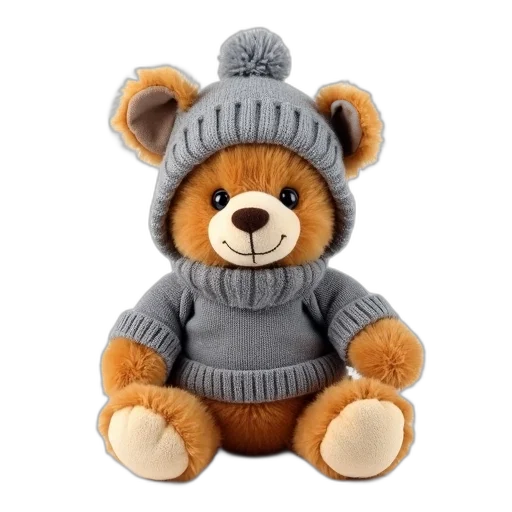 hat, 3d render, plush, toy, small, brown, bear, grey transparent PNG cut-out