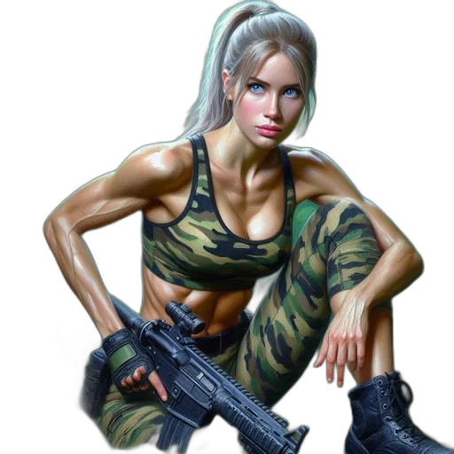 weapon, jacket, concept art, cyberpunk, pixel art, photorealistic, woman, camouflage transparent PNG cut-out