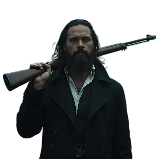 weapon, jacket, staff, sword, concept art, man, beard, long transparent PNG cut-out
