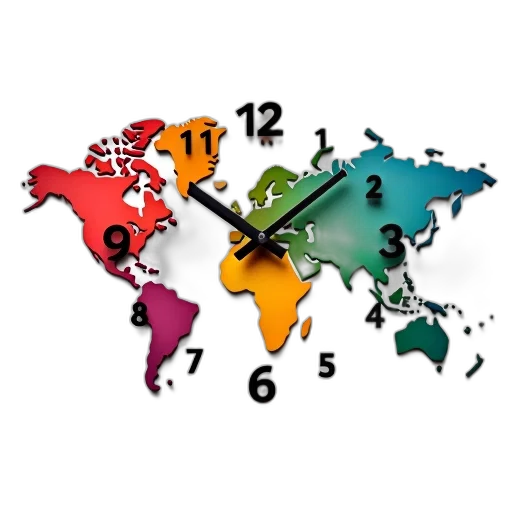 colorful, world, map, clock, numbers, hour, markers, continents transparent PNG cut-out