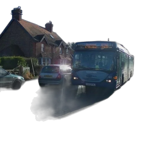 car, photorealistic, concept art, 3d render, fog, city street, scania, bus transparent PNG cut-out