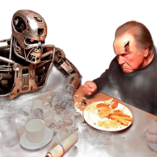robot, food, concept art, comic book art, cyberpunk, 3d render, outer space, inside transparent PNG cut-out
