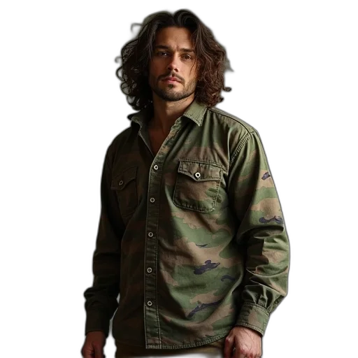 jacket, staff, photorealistic, earth tones, green, camo, tunic, shirt transparent PNG cut-out