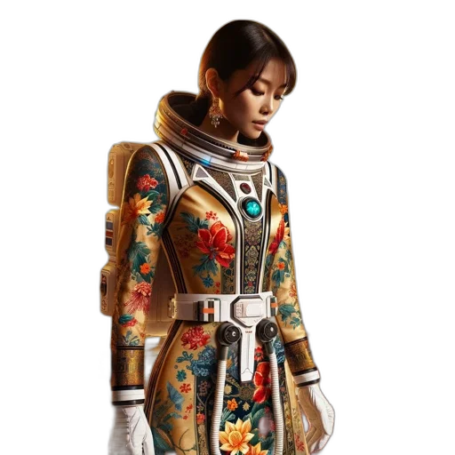 jacket, dress, robot, jewelry, concept art, 3d render, fantasy art, photorealistic transparent PNG cut-out