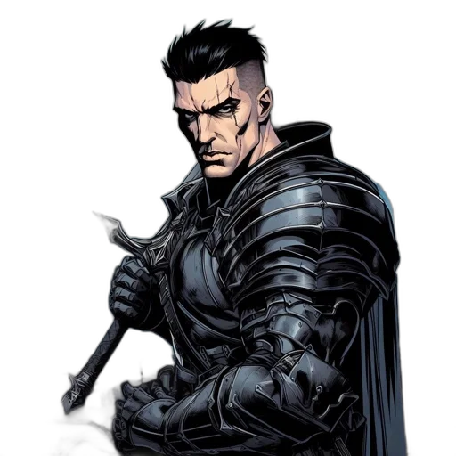 sword, staff, comic book art, concept art, fantasy art, cartoon, dark, stern-looking transparent PNG cut-out