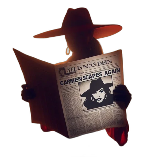 hat, weapon, figure, red, suit, wears, while, reading transparent PNG cut-out