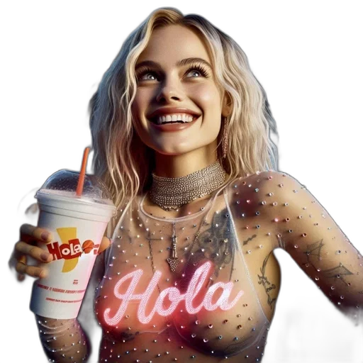 dress, food, face, bottle, concept art, cartoon, neon lights, young transparent PNG cut-out