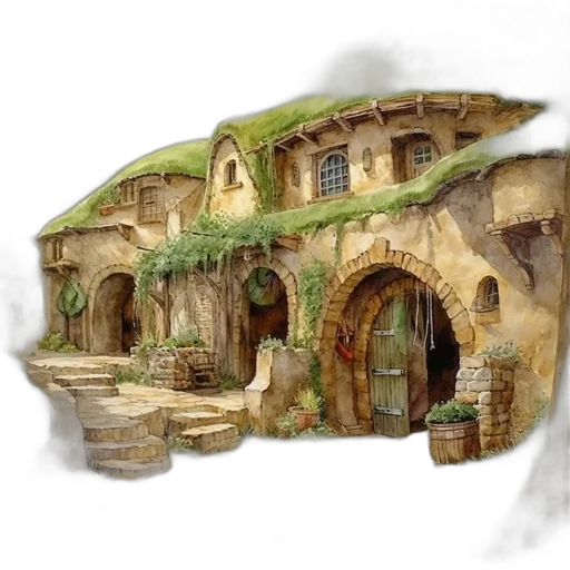 building, concept art, fantasy art, photorealistic, watercolor, rain, city street, fog transparent PNG cut-out