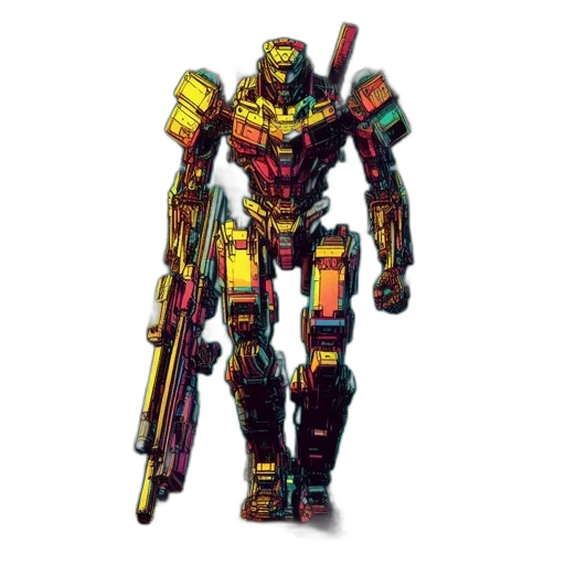 robot, weapon, concept art, pixel art, 3d render, comic book art, golden, illuminated transparent PNG cut-out