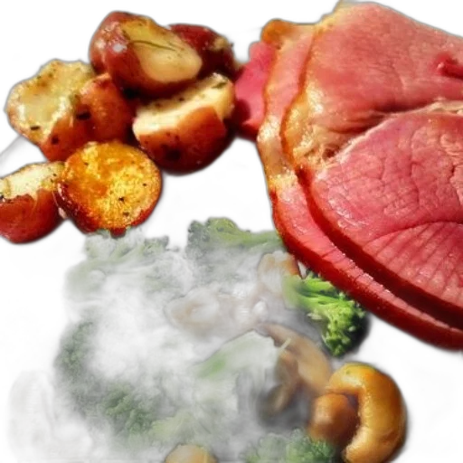 food, photorealistic, plate, featuring, ham, roasted, potatoes, broccoli transparent PNG cut-out