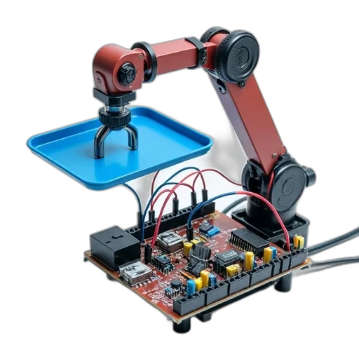 robot, robotic, arm, blue, tray, attached, positioned, white transparent PNG cut-out
