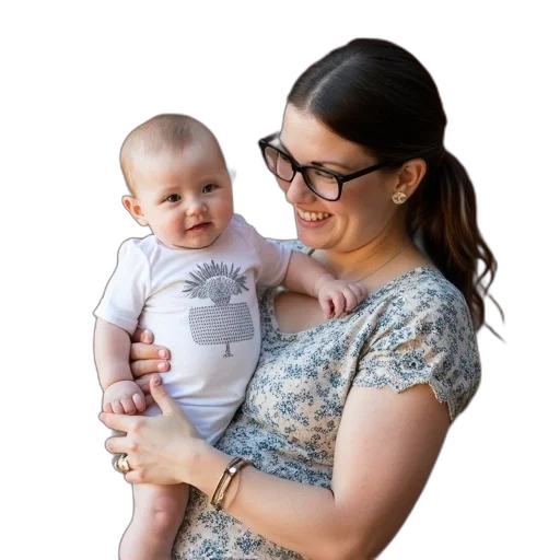 woman, holding, baby, her, arms, wearing, glasses, patterned transparent PNG cut-out