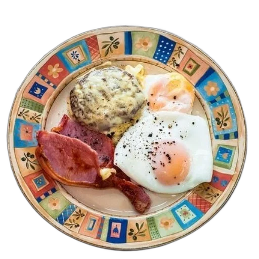food, colorful, plate, breakfast, eggs, bacon, sausage, patty transparent PNG cut-out