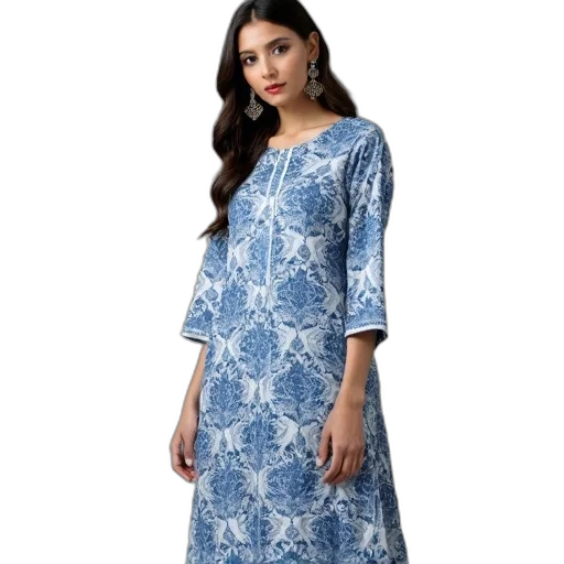 dress, blue, white, printed, rayon, kurti, chuknit transparent PNG cut-out