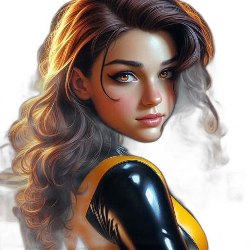 face, dress, hair, comic book art, fantasy art, photorealistic, concept art, golden transparent PNG cut-out
