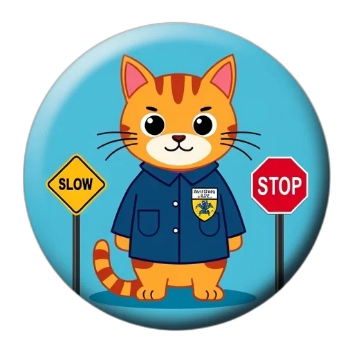 staff, round, magnet, blue, background, featuring, cartoon, cat transparent PNG cut-out