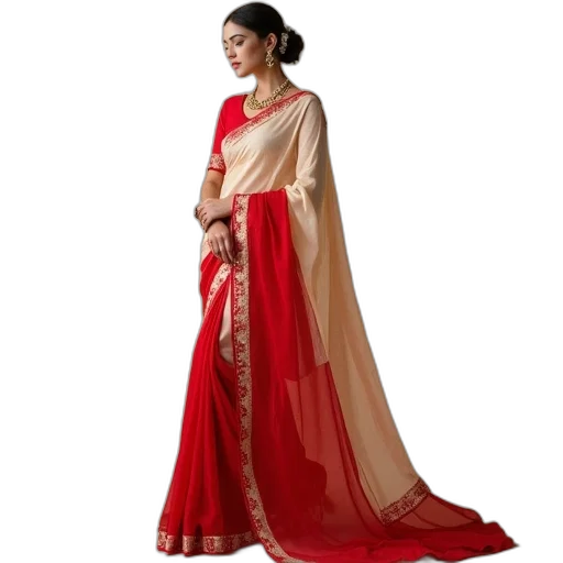 dress, jewelry, red, beige, georgette, saree, blouse transparent PNG cut-out