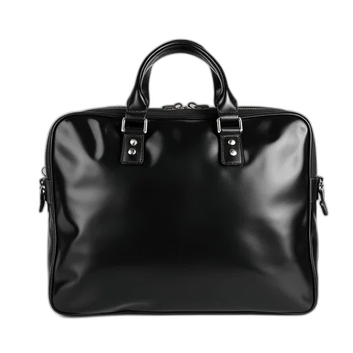 black, leather, briefcase, shiny, finish, silver, hardware, displayed transparent PNG cut-out
