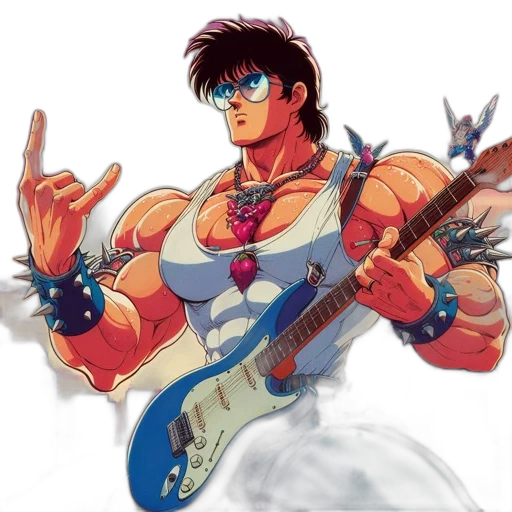 weapon, jacket, vaporwave, concept art, anime, pixel art, muscular, character transparent PNG cut-out
