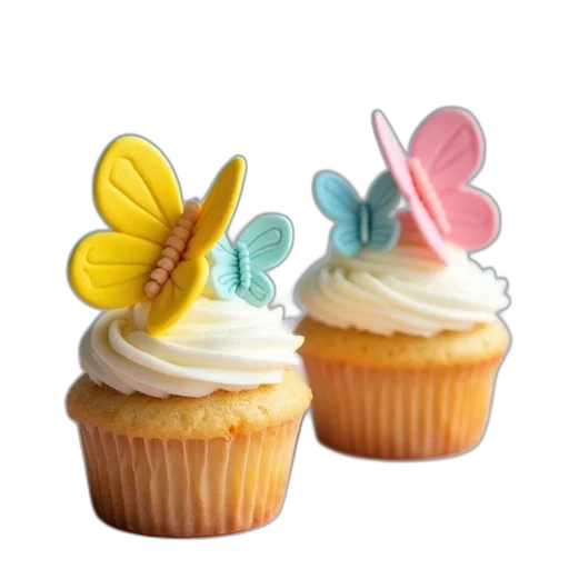 food, 3d render, photorealistic, pastel, two, vanilla, cupcakes, yellow transparent PNG cut-out