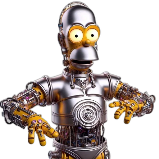 robot, staff, 3d render, concept art, robotic, version, homer, simpson transparent PNG cut-out
