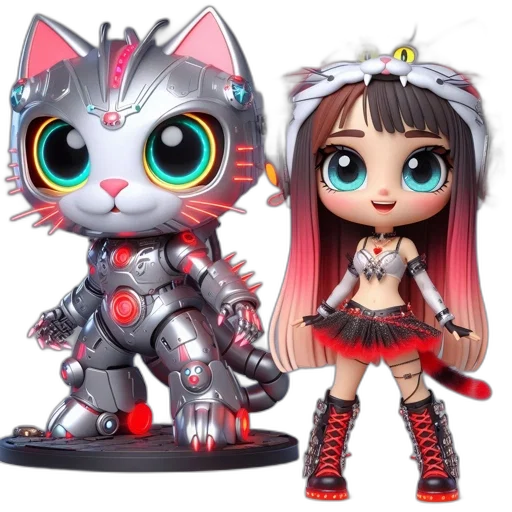 concept art, fantasy art, cyberpunk, 3d render, two, animated, characters, appear transparent PNG cut-out