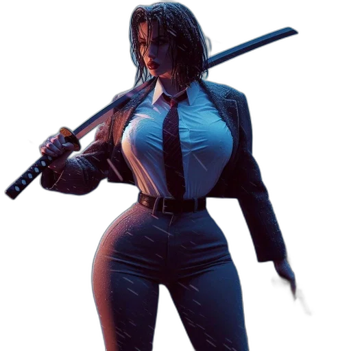 weapon, staff, jacket, concept art, cyberpunk, comic book art, pixel art, blue transparent PNG cut-out