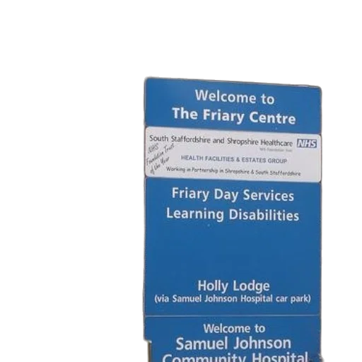 blue, sign, welcomes, visitors, friary, centre, which, offers transparent PNG cut-out