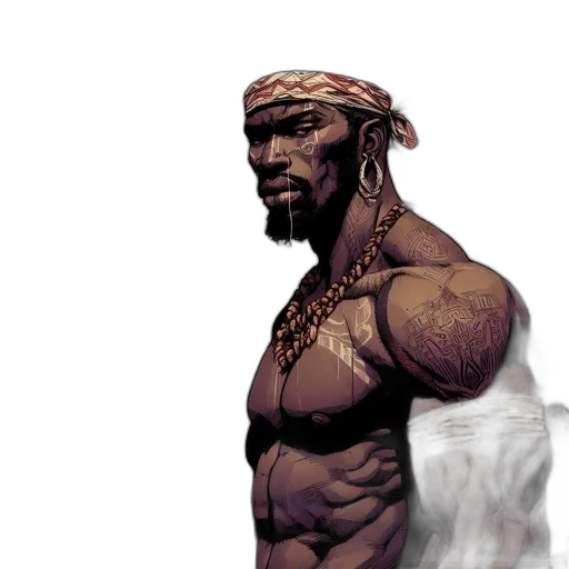 concept art, comic book art, fantasy art, photorealistic, earth tones, athletic, man, afro transparent PNG cut-out