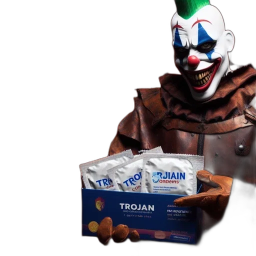 food, creature, mask, creepy-looking, clown, holds, box, trojan transparent PNG cut-out