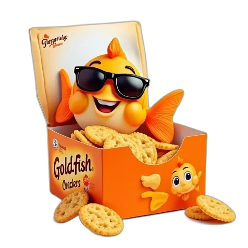 food, 3d render, concept art, golden, box, goldfish, crackers, cartoon transparent PNG cut-out