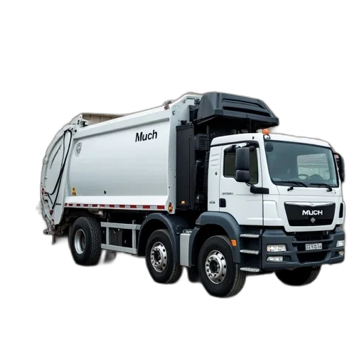photorealistic, white, garbage, truck, word, much, side, parked transparent PNG cut-out
