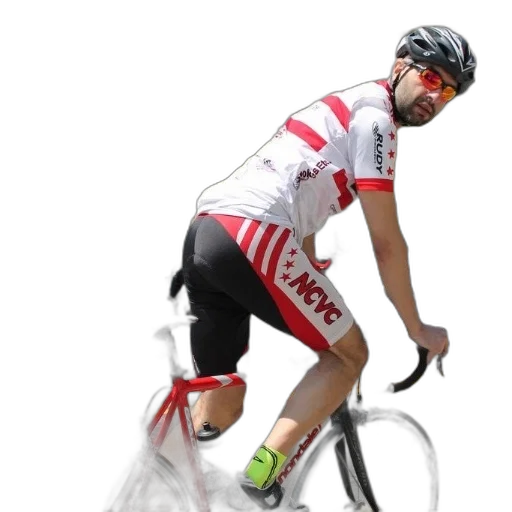 photorealistic, 3d render, cyclist, wearing, red, white, outfit, rides transparent PNG cut-out