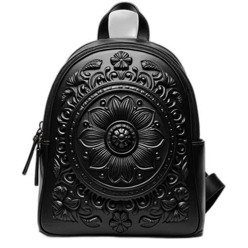 jewelry, photorealistic, black, leather, backpack, detailed, floral, pattern transparent PNG cut-out