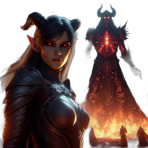 fantasy art, concept art, comic book art, pixel art, fire, dark, silver-haired, woman transparent PNG cut-out