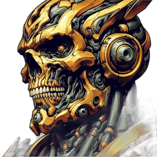 robot, mask, face, concept art, fantasy art, comic book art, cyberpunk, golden transparent PNG cut-out