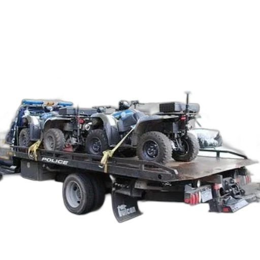 robot, car, police, tow, truck, carrying, three, all-terrain transparent PNG cut-out