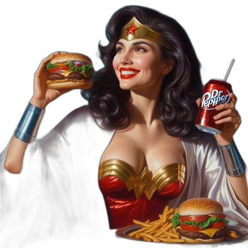 food, comic book art, concept art, photorealistic, fantasy art, wonder, woman, holds transparent PNG cut-out