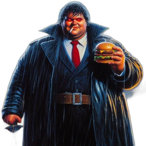 jacket, food, concept art, cyberpunk, comic book art, photorealistic, tall, darkly transparent PNG cut-out