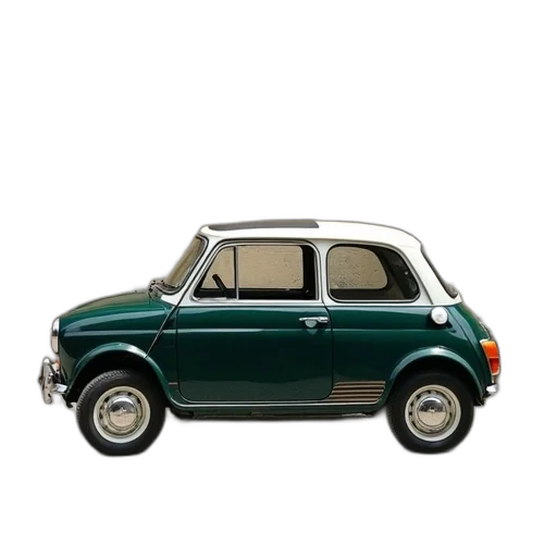 car, 3d render, photorealistic, small, dark, green, white, roof transparent PNG cut-out