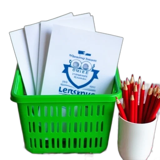 staff, green, plastic, basket, filled, white, papers, placed transparent PNG cut-out